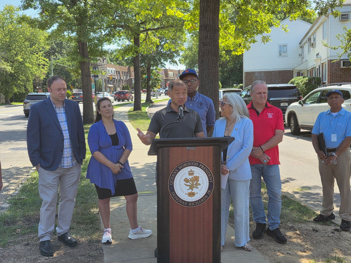 State Sen. John Liu speaks on Friday. Also pictured Council Member Vickie Paladino, Queens Borough President Donovan Richards, Matthew Silverstein (far left of photo) and Paul DiBenedetto (far right). Photo: Shane O'Brien