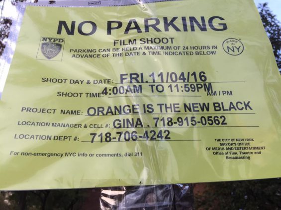 A No Parking sign outside Borough Hall for the filming of a scene from the Netflix show "Orange Is The New Black" on Monday.