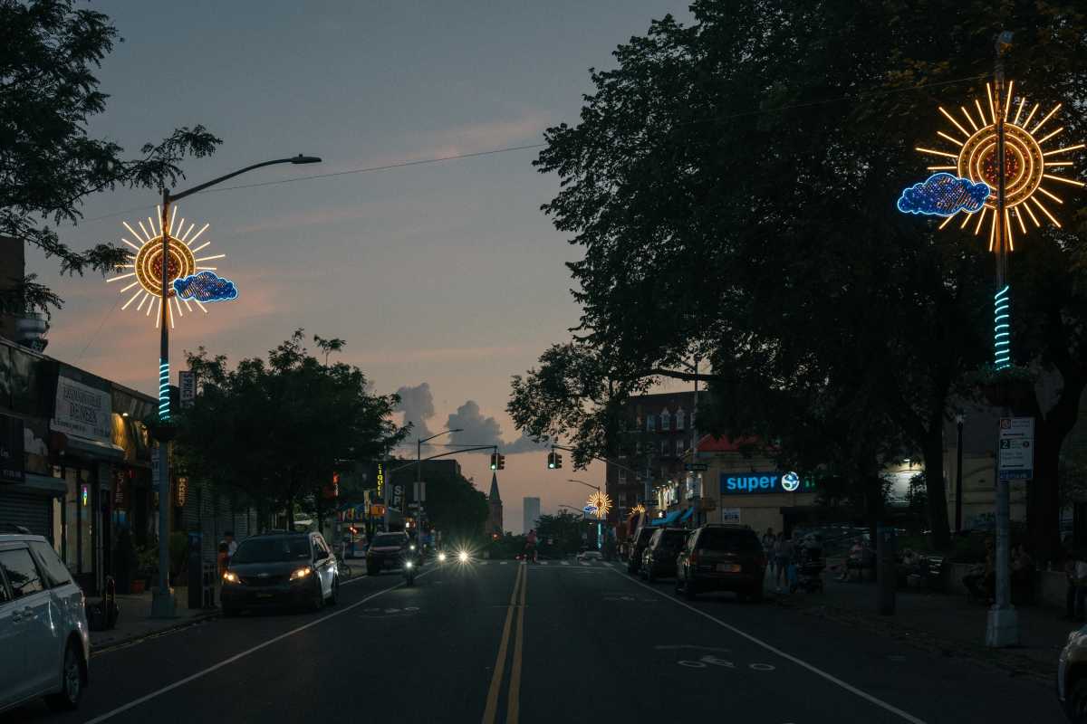 The Greenpoint Lighting Avenue aims to make Greenpoint Avenue safer and brighter for pedestrians while also celebrating the diversity of local businesses. Photo: Cameron Blaylock.