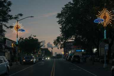 The Greenpoint Lighting Avenue aims to make Greenpoint Avenue safer and brighter for pedestrians while also celebrating the diversity of local businesses. Photo: Cameron Blaylock.