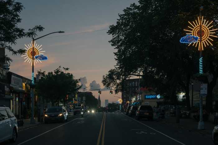 The Greenpoint Lighting Avenue aims to make Greenpoint Avenue safer and brighter for pedestrians while also celebrating the diversity of local businesses. Photo: Cameron Blaylock.