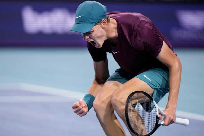 Jannik Sinner, of Italy, celebrates after winning a set against Carlos Alcaraz, of Spain, during the Miami Open tennis tournament, Friday, March 31, 2023, in Miami Gardens, Fla. Sinner is the defending men's champion ahead of the 2025 US Open. (AP Photo/Wilfredo Lee)