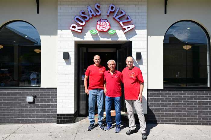 Charlie, Joe and John Troia outside Rosa's Pizza in Maspeth. Photo: Ramy Mahmoud. 