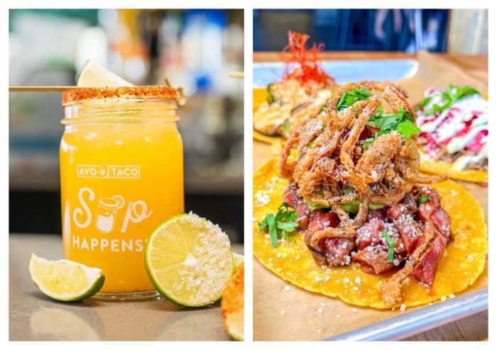 Avo Taco has an array of tasty specialty cocktails and specializes in a range of tacos from chicken, to steak, shrimp, and veggie options.