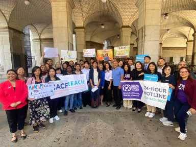 State Sen. John Liu, Assembly Member Grace Lee and members of the R.E.A.C.H coalition at Wednesday's rally calling on Gov. Kathy Hochul to sign the AANHPI Education Equity Act into law. Photo courtesy of State Sen. John Liu.