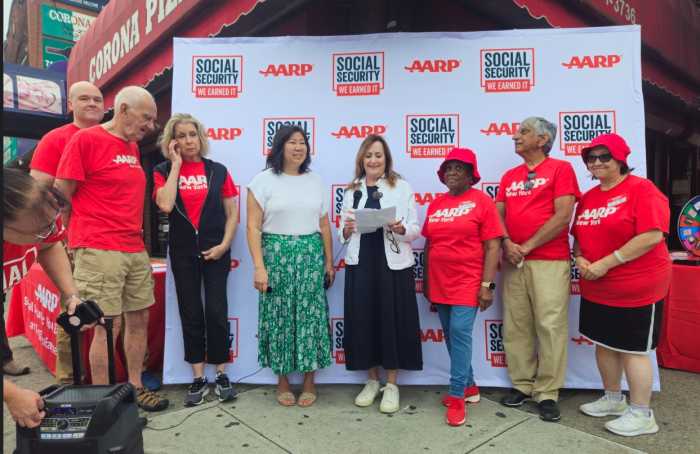 U.S. Rep Grace Meng (center) joined AARP volunteers at a celebration of Social Security's 90th anniversary in Corona.