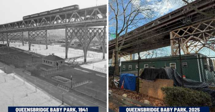Queensbridge Baby Park (Credit: The NYC Municipal Library and Archives, 1941). Queensbridge Baby Park in 2025 (Credit: The Office of Council Member Julie Won).