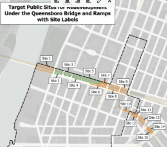 City-owned lots underneath the Queensboro Bridge and Queensboro Bridge ramps that Won is proposing for 370,000 square feet of open space. Photo courtesy of Council Member Julie Won.