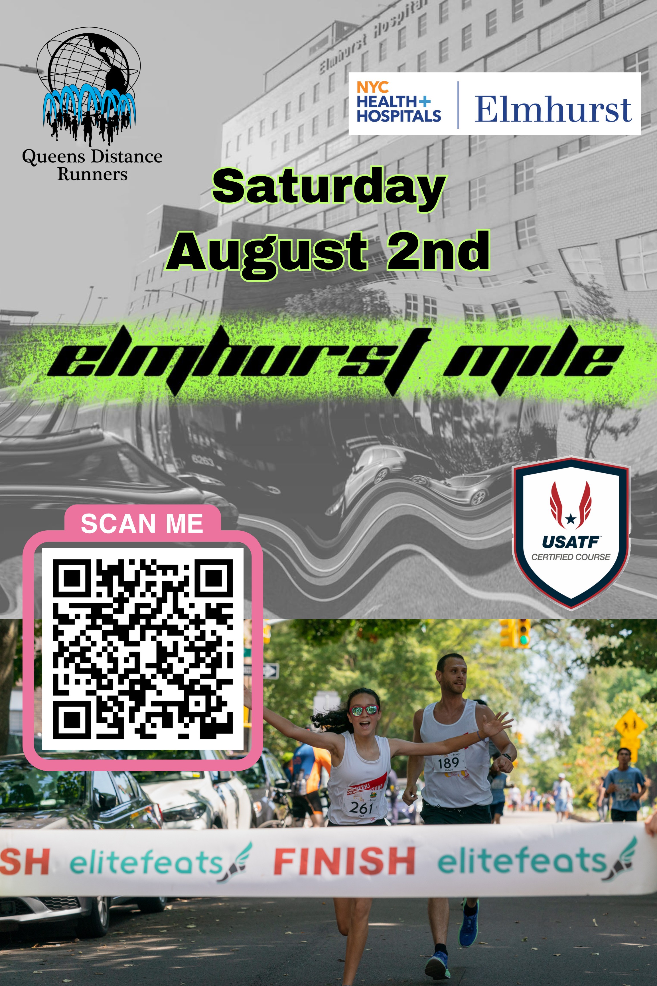 An advertisement of the 2025 QDR Elmhurst Mile with a QR Code for interested runners.