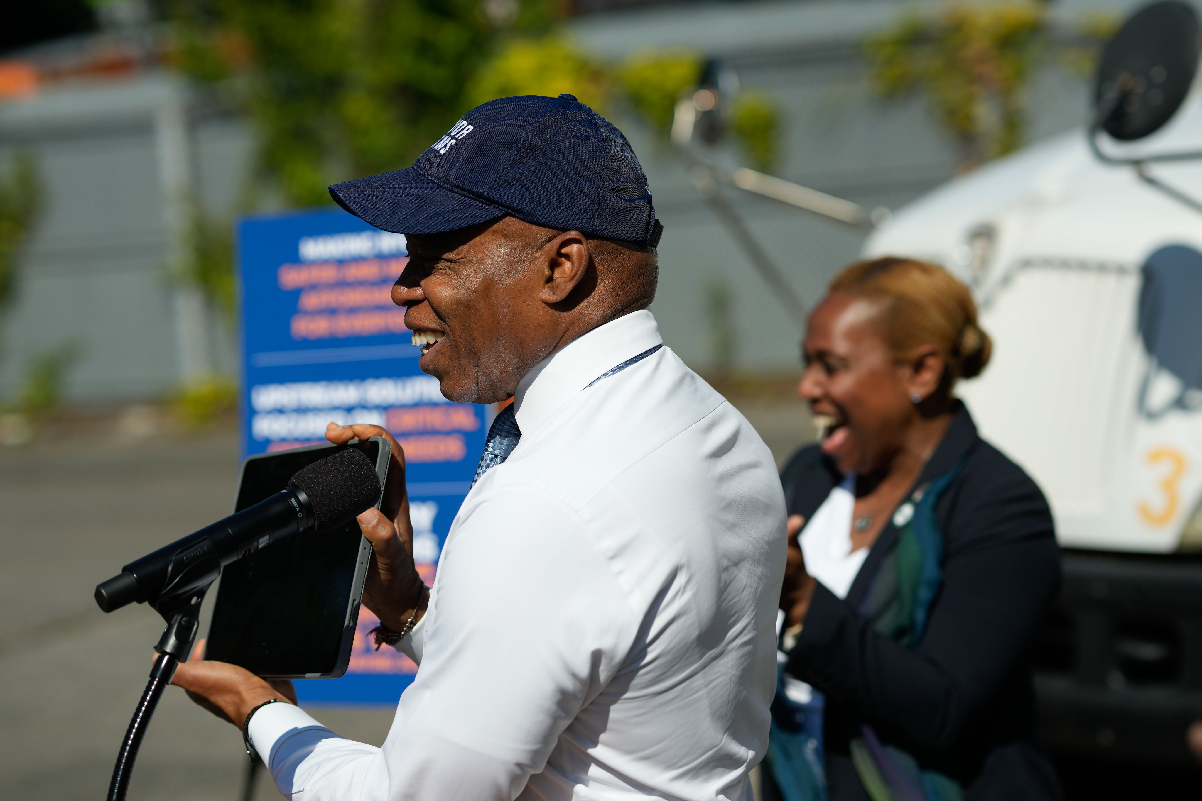 Mayor Eric Adams delivers remarks in Astoria on the expansion of a job training pilot program for the formerly incarcerated reentering society.