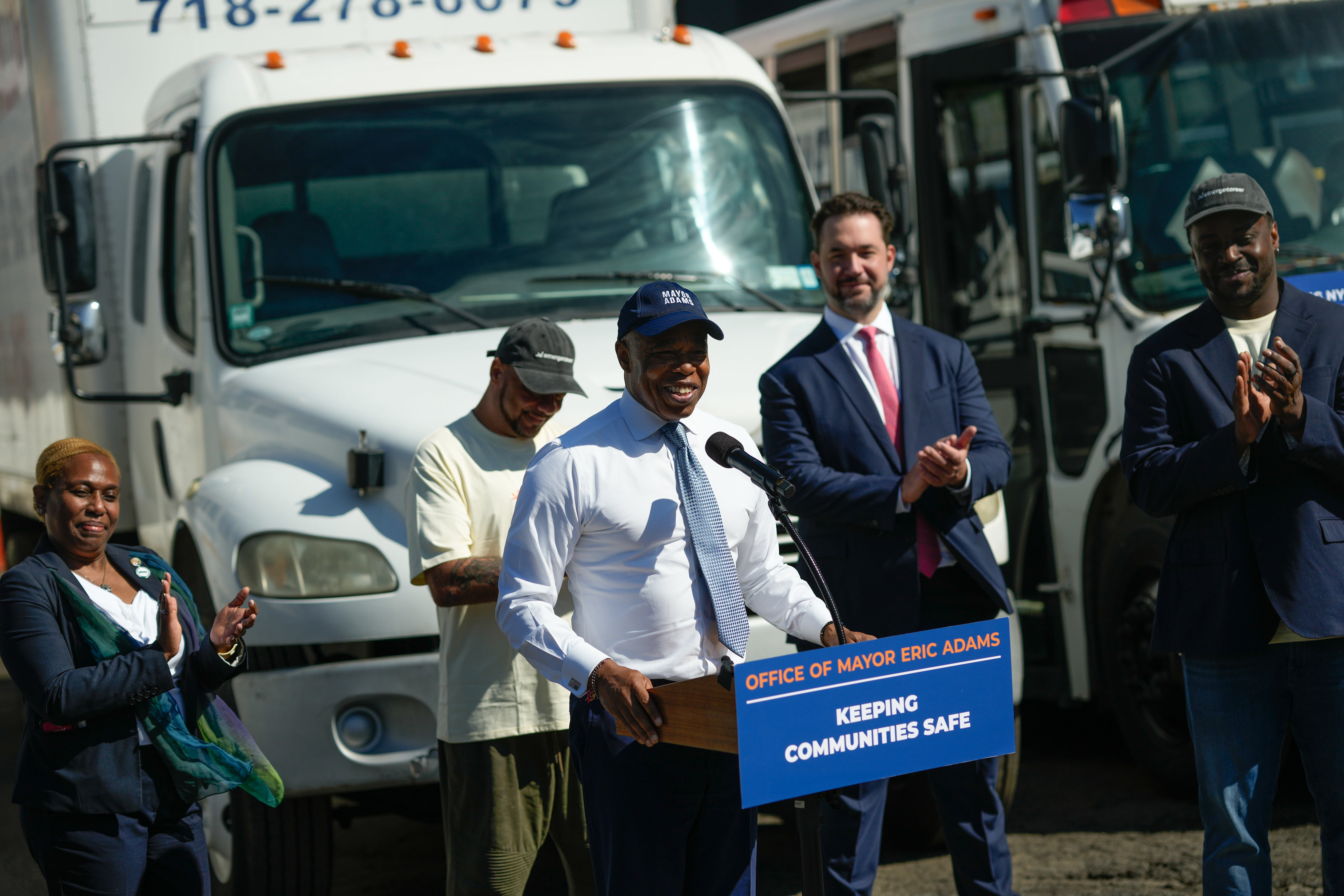 Mayor Eric Adams delivers remarks in Astoria on the expansion of a job training pilot program for the formerly incarcerated reentering society.