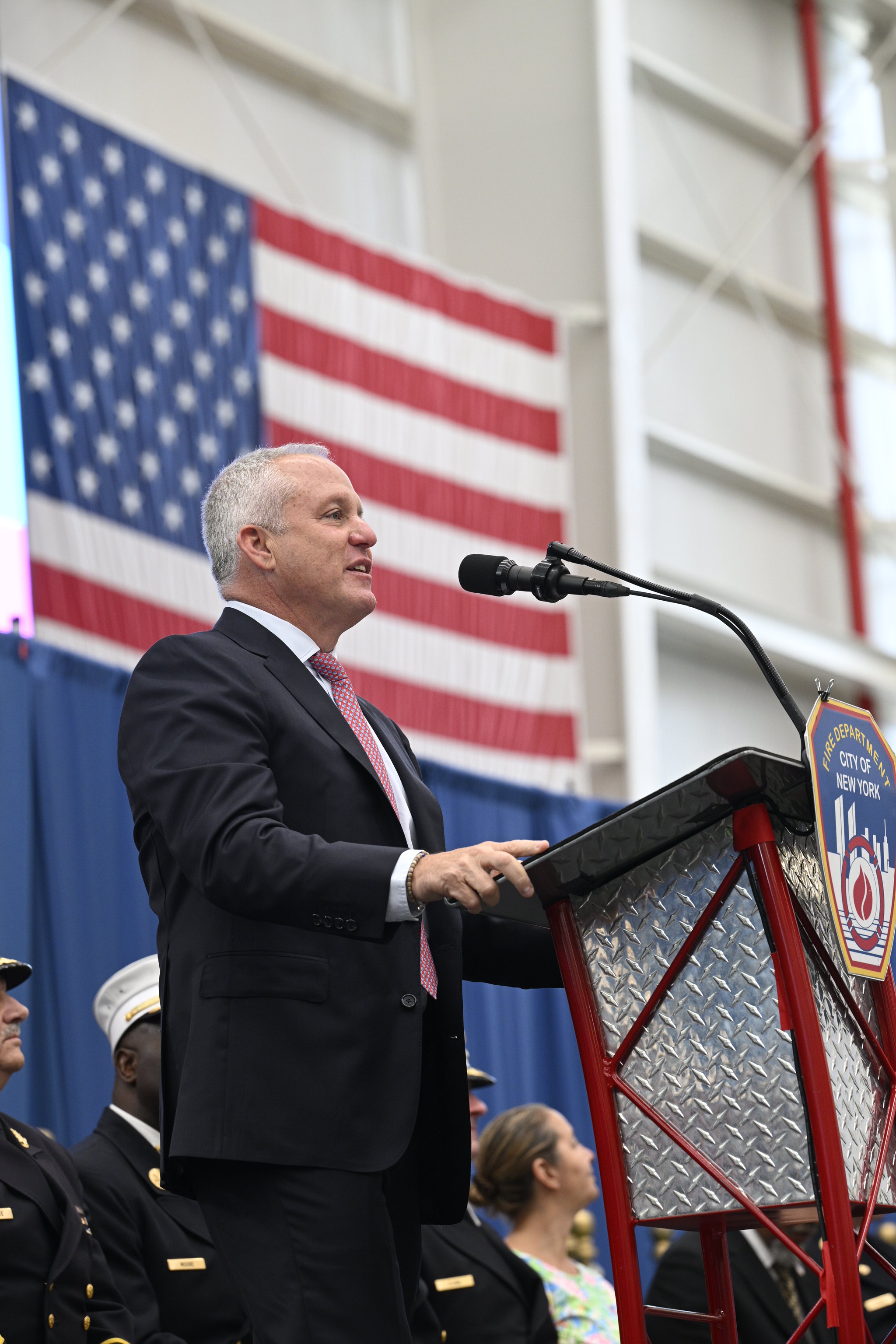 FDNY Commissioner Robert Tucker called the promoted members "fearless leaders, loyal, protective and smart" during his remarks. 