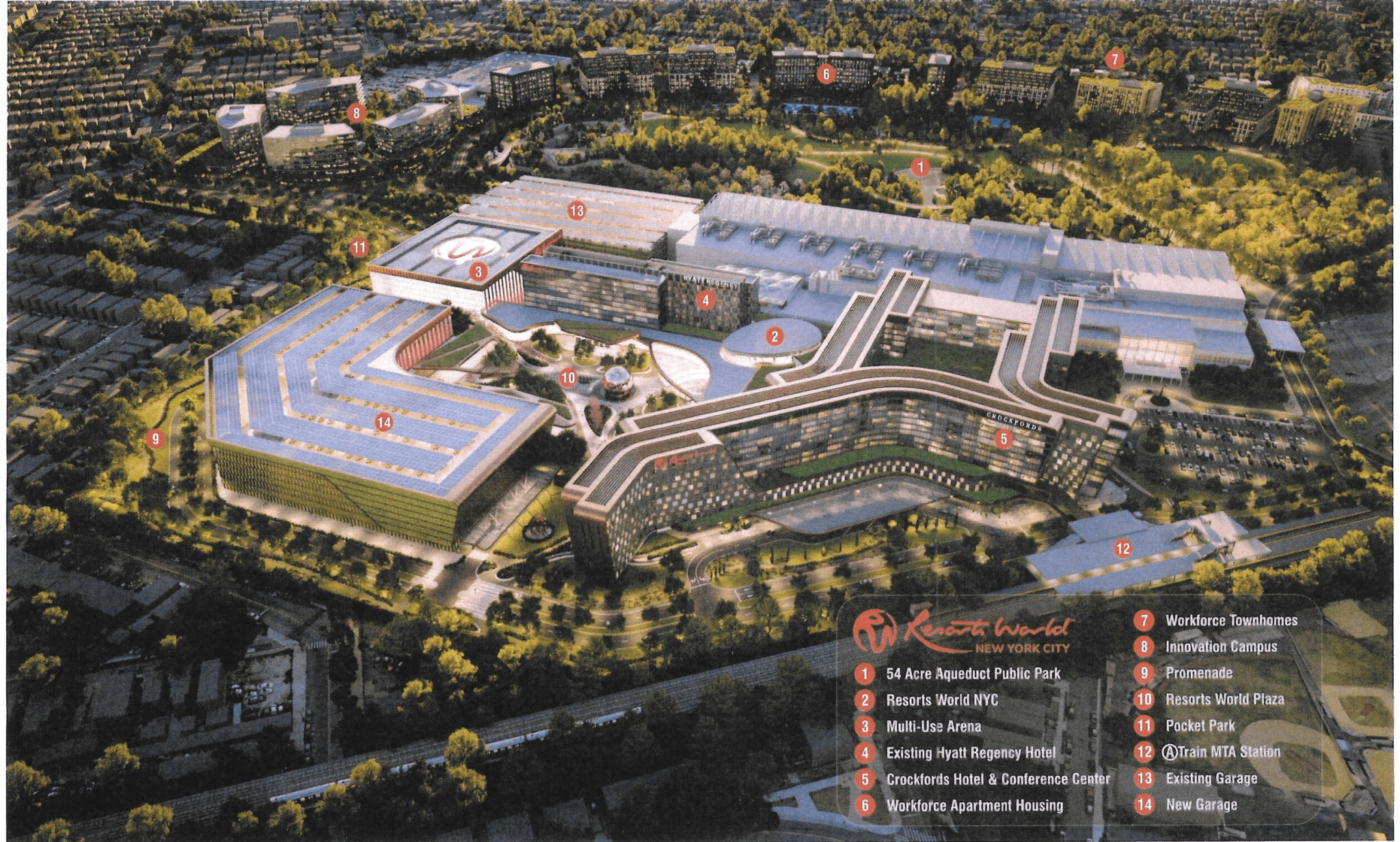 The integrated resort would include a 7,000-seat multi-purpose arena, 2,000 hotel rooms, 7,000 parking spaces, and 30 restaurants and bars.