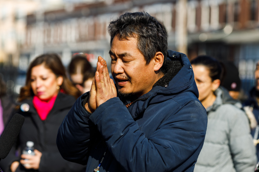 Tsering Wangdu, father of 7-year-old Dolma Naadhun speaks at a rally in Astoria Heights Playground on Sunday, Feb. 26, 2023. Elected officials and community members are calling on the city to install a traffic light at the corner of Newtown Road and 45th Street in, where 7-year-old Dolma Naadhun was killed by a driver who failed to make a complete stop at the stop sign.