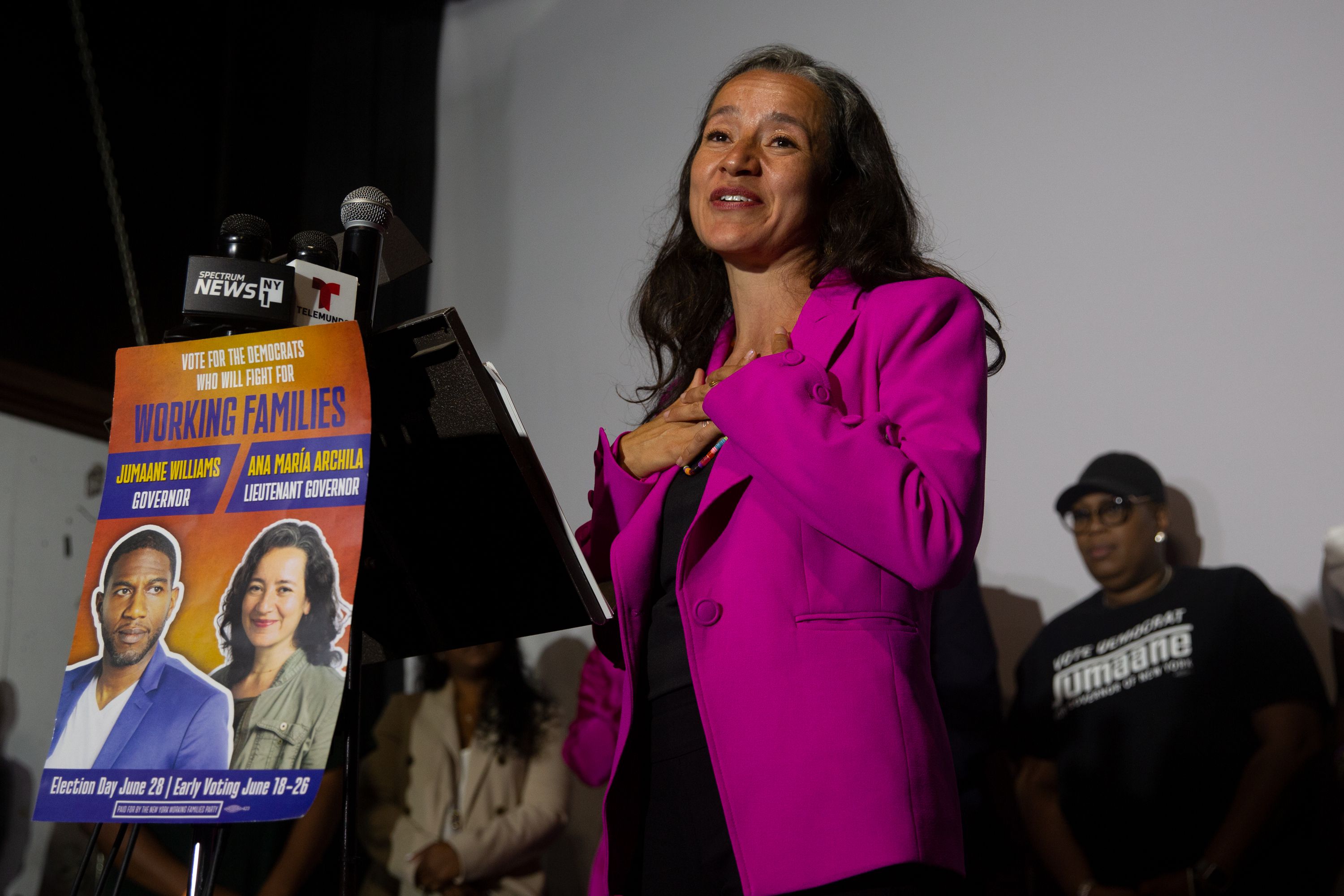 Ana María Archila gives a concession speech in Bushwick, Brooklyn after loosing her run for lieutenant governor, June 29, 2022.