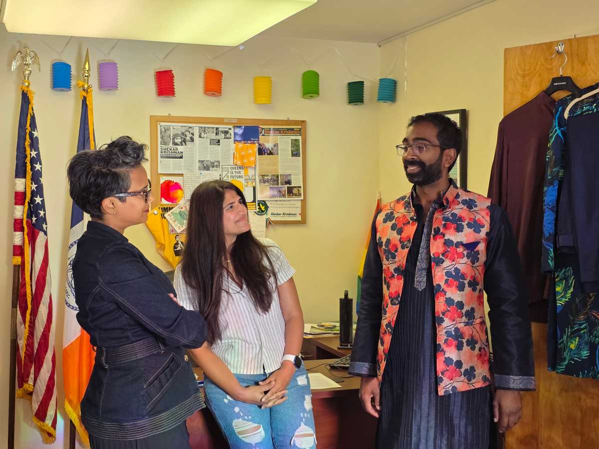 Council Member Shekar Krishnan models outfits provided by Kareena's Closet co-founders Veena Jayadeva and Suchera Sachdev. Photo: Shane O'Brien.