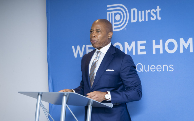 Mayor Eric Adams delivers remarks at a ribbon-cutting ceremony for an affordable housing development in Astoria, Queens on Wednesday, May 3, 2023. Caroline Rubinstein-Willis/Mayoral Photography Office