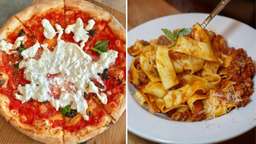 A burrata cheese bomb pizza (L) and a pasta dish (R) at Luzzo's Pizzeria (Photo via Instagram)