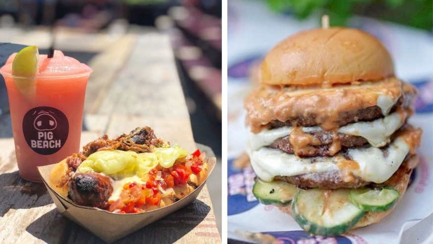 A frose with a Pulled Pork Sandwich (L) and the Pig Beach triple burger (R) (Photo provided by Bay Public Relations) 
