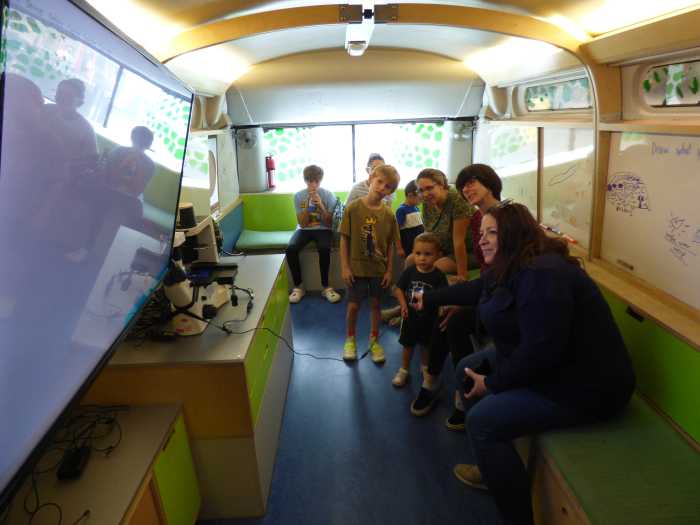 Glendale students inside the BioBus mobile science lab at Dry Harbor Playground. Photo courtesy of Council Member Joann Ariola.