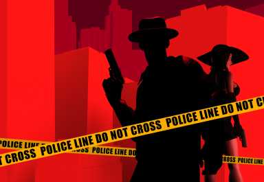 3d render illustration of armed detective silhouette with sexy spy lady in dress with gun on cityscape background.