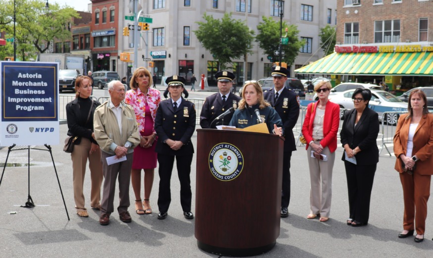 Queens District Attorney Melinda Katz speaking at the launch of the Astoria Merchants Business Improvement Program (Photo by Michael Dorgan)