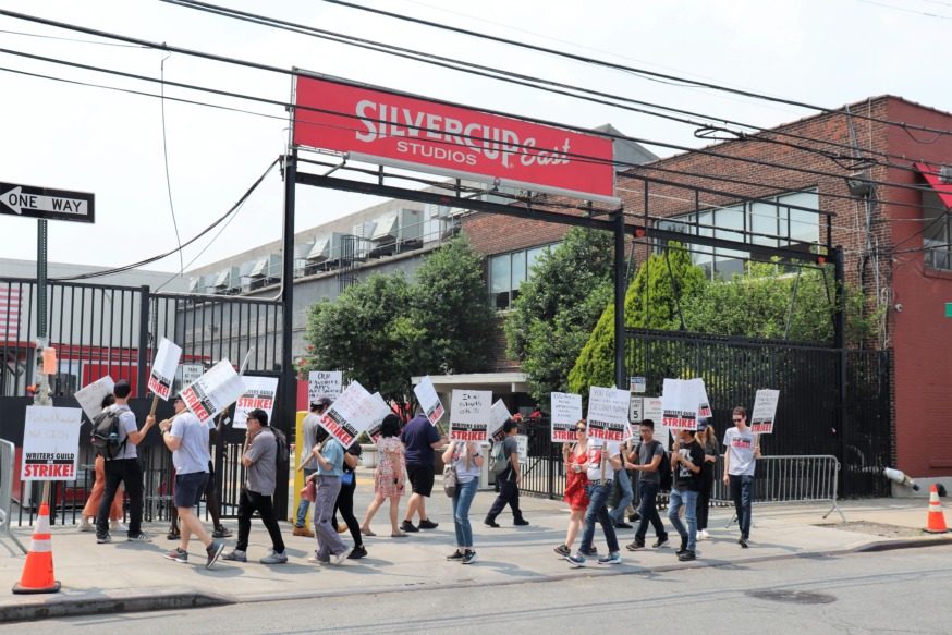 Writers Guild picket outside Silvercup Studios in Queens stops tv show production, as Hollywood Actors Guild Votes to authorize strike (Photo by Michael Dorgan)