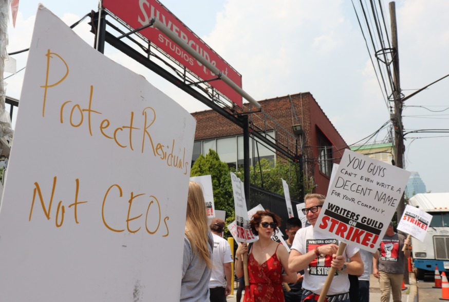 Writers Guild picket outside Silvercup Studios in Queens stops tv show production, as Hollywood Actors Guild Votes to authorize strike (Photo by Michael Dorgan)