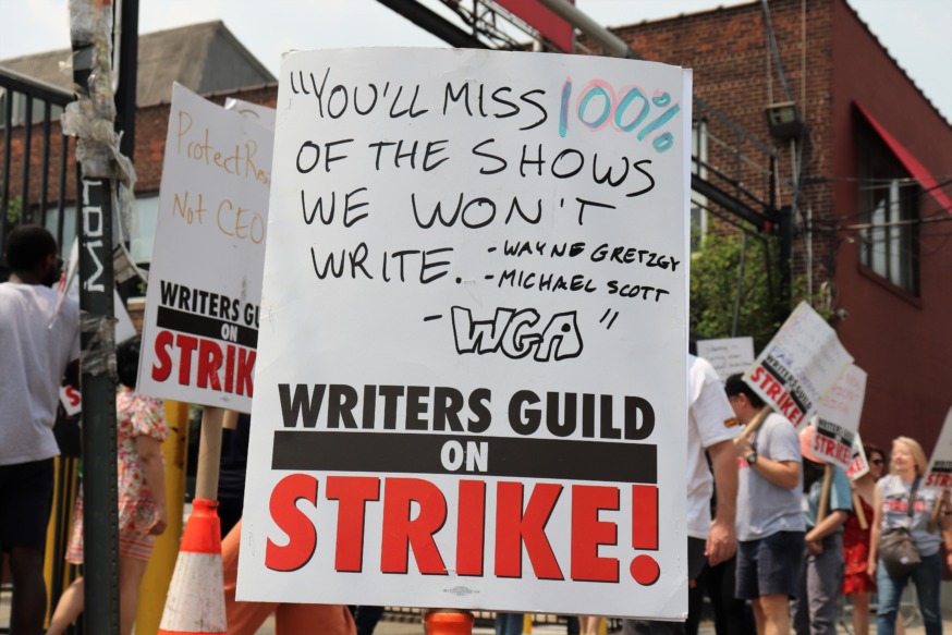 Writers Guild picket outside Silvercup Studios in Queens stops tv show production, as Hollywood Actors Guild Votes to authorize strike (Photo by Michael Dorgan)