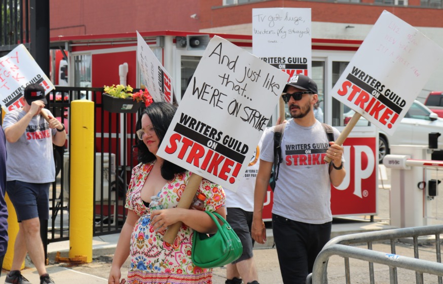 Writers Guild picket outside Silvercup Studios in Queens stops tv show production, as Hollywood Actors Guild Votes to authorize strike (Photo by Michael Dorgan)