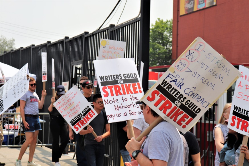 Writers Guild picket outside Silvercup Studios in Queens stops tv show production, as Hollywood Actors Guild Votes to authorize strike (Photo by Michael Dorgan)