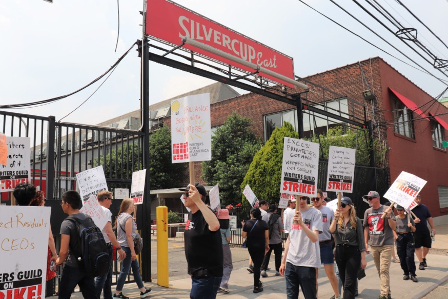 Writers Guild picket outside Silvercup Studios in Queens stops tv show production, as Hollywood Actors Guild Votes to authorize strike (Photo by Michael Dorgan)