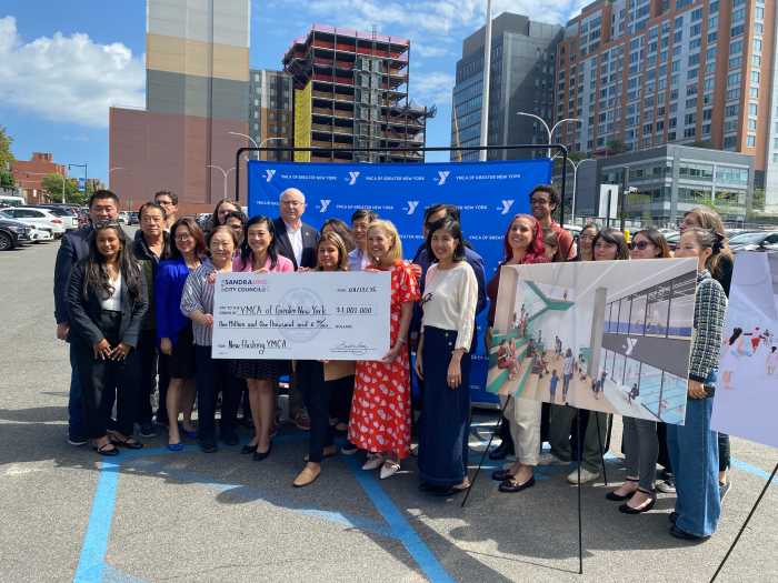 Council Member Sandra Ung was joined by YMCA of Greater New York President & CEO Sharon Greenberger, Flushing YMCA Executive Director Heidy Lopez, F&T Group Principal Helen Lee, and members of the Flushing YMCA Board of Directors and staff to announce just over $1 million in funding she secured for a new YMCA in downtown Flushing.