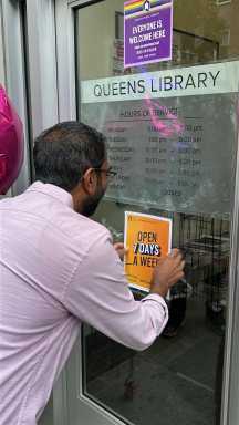 Council Member Shekar Krishnan at QPL's Jackson Heights branch on Sunday. Photo courtesy of the office of Council Member Shekar Krishnan.