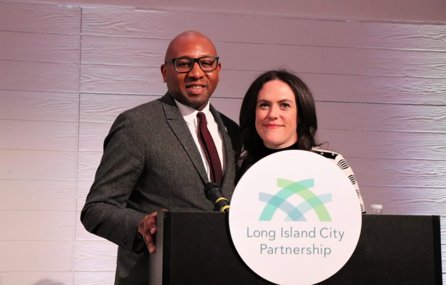 Queens Borough President Donovan Richards (L) and LIC Partnership President Laura Rothrock (R) at the LIC Partnership Breakfast (Photo by Michael Dorgan)