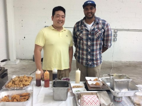 Woodside and Jackson Heights natives Suhan Lee and Kevin Lewis own "Roosevelt Ave. Fare" and are offering Korean fried chicken wings and roti tacos.