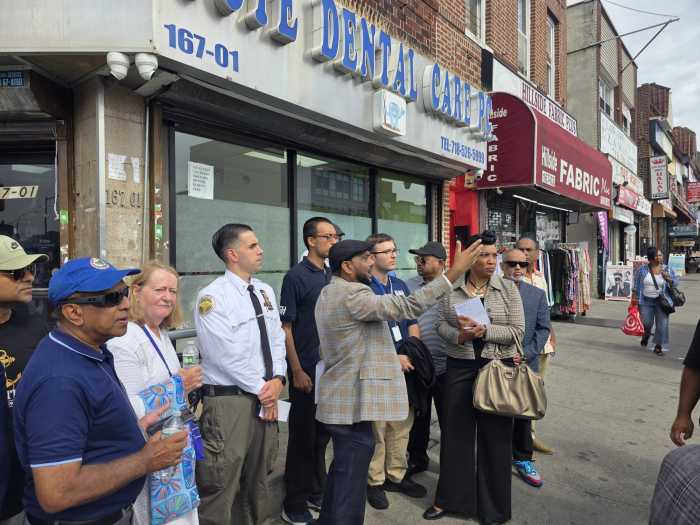 Local community groups led city agencies and representatives of elected officials on a walkthrough of Hillside Avenue on Monday. Photo: Shane O'Brien.