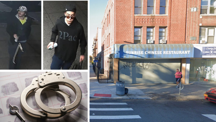 The police have released photos of two men wanted for spraying a racist slur across the front of an Astoria restaurant last week (Photos: NYPD and Google Maps)