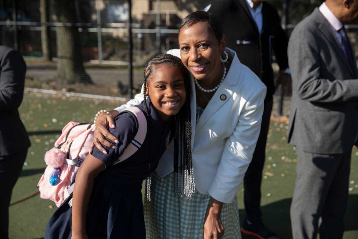 Speaker Adrienne Adams welcomes students back to two schools in her district on Thursday, Sept. 4.
