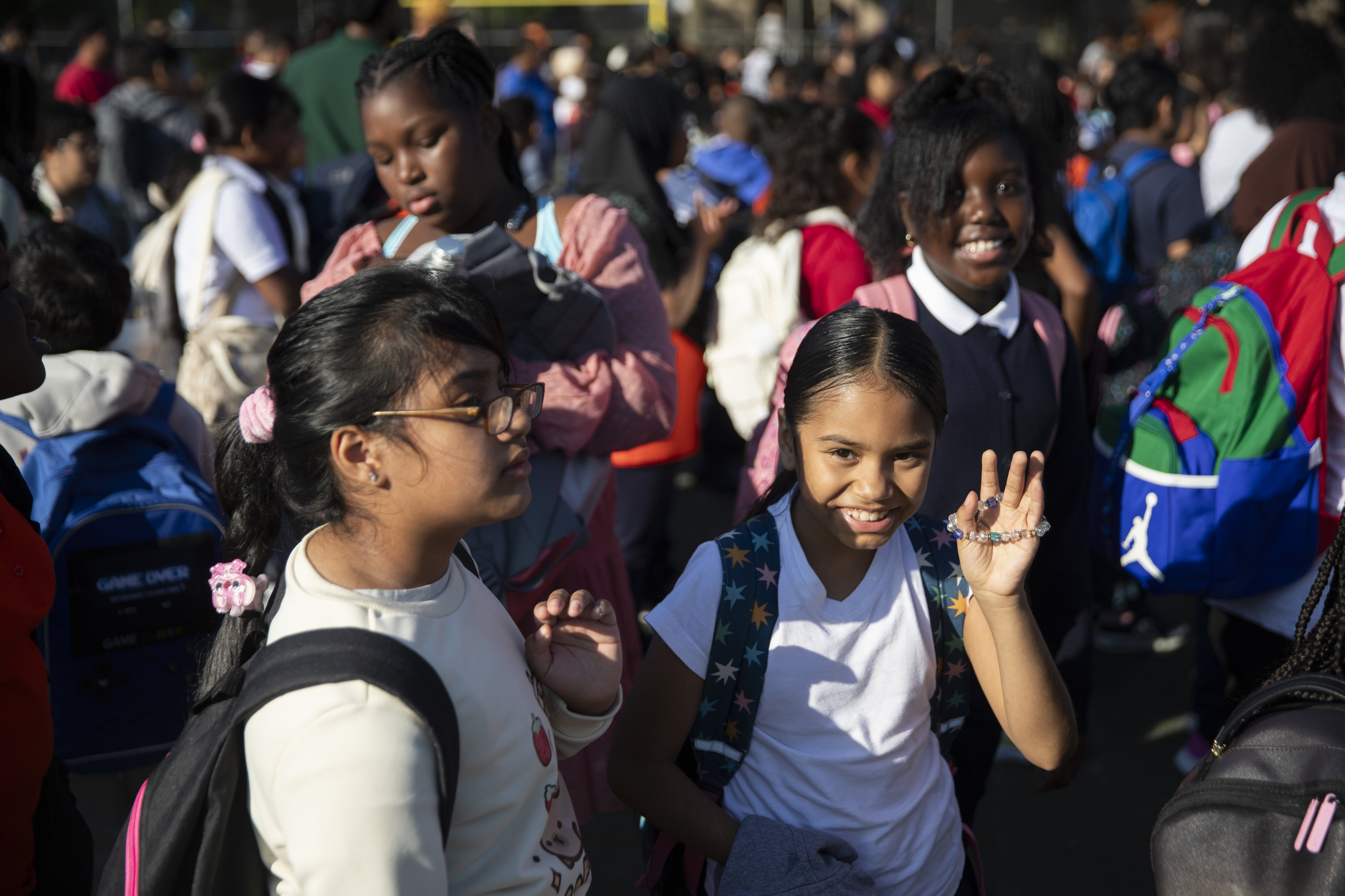 Speaker Adrienne Adams welcomes students back to two schools in her district on Thursday, Sept. 4. 