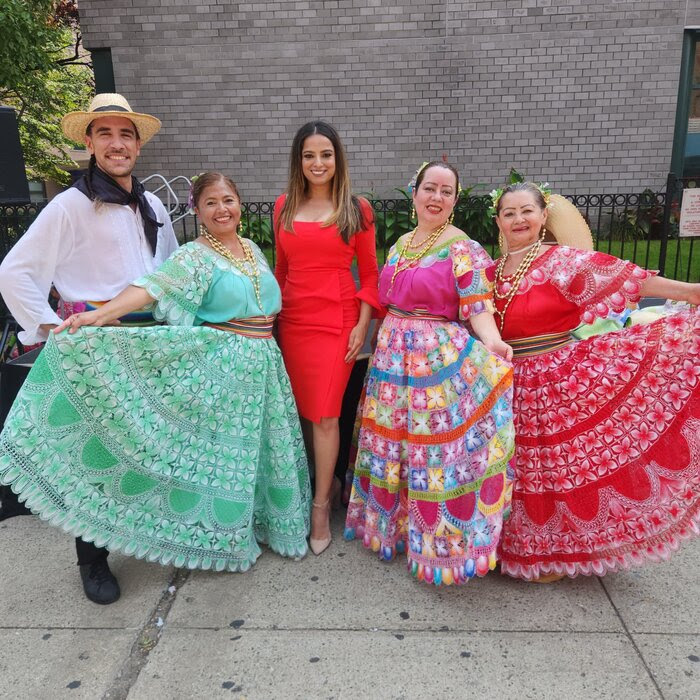 Assemblywoman Rajkumar with the Org. Mburukuya Paraguay - NY dance troupe. Photo courtesy of Assembly Member Jenifer Rajkumar.