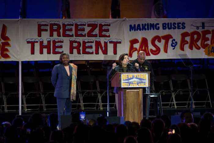 Hochul met a chorus of "tax the rich" during Sunday's rally. Photo by Lloyd Mitchell.