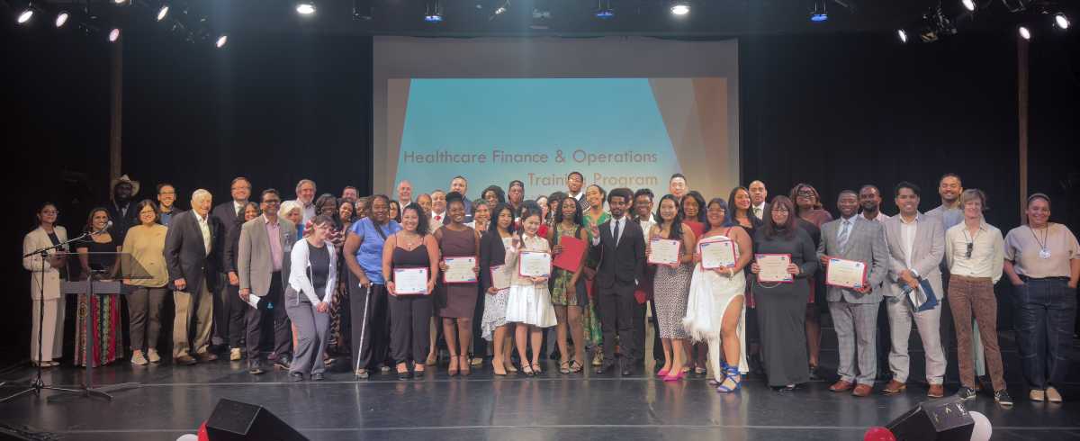 Healthcare Finance and Operations students celebrate their recent graduation at LaGuardia Community College. Photo courtesy of NYC Department of Small Business Services.