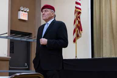 Curtis Sliwa visited St. Margaret’s Parish Hall to discuss the mayoral race and answer questions at the Middle Village Resident’s Association.