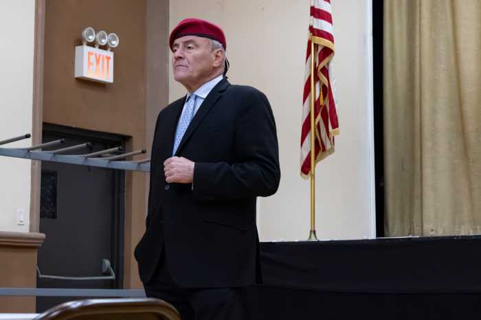 Curtis Sliwa visited St. Margaret’s Parish Hall to discuss the mayoral race and answer questions at the Middle Village Resident’s Association.