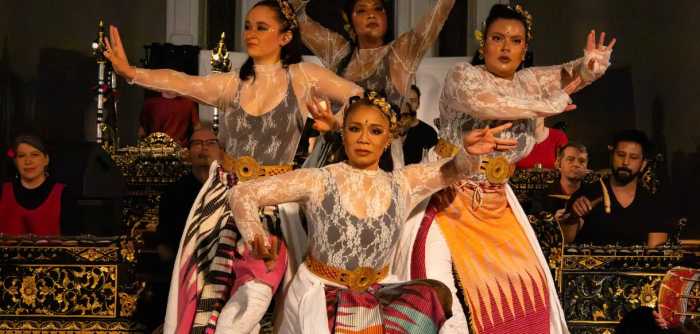 Gamelan Dharma Swara dancers pose after their performance of N’oreaster, composed by group member Joel Mellin
