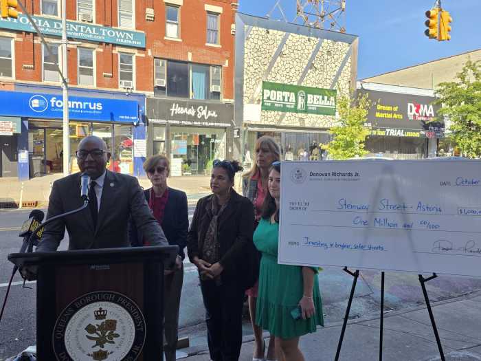 Richards announces $1 million in funding for decorative street lighting and enhanced safety features on Steinway Street. Photo: Shane O'Brien.