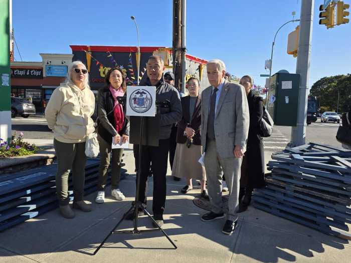 State Sen. John Liu called on the federal government to implement more rigorous gun control measures during Friday's press event. Photo: Shane O'Brien.