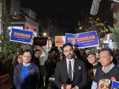 Democratic mayoral nominee Zohran Mamdani speaks at a press conference at Jackson Heights' Diversity Plaza. Photo by Shane O'Brien