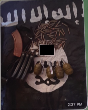An ISIS member sent a photo of an ISIS flag with weapons and ammo as proof the donations were used to arm mujahideen fighters.